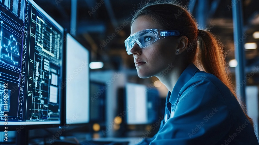Poster Industrial engineer working on computer in control room, monitoring charts and graphs on screen