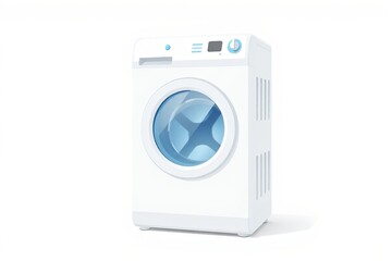 a close up of a white washing machine with a blue button