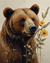 Fototapeta premium The bear and yellow flowers are central in this illustration.