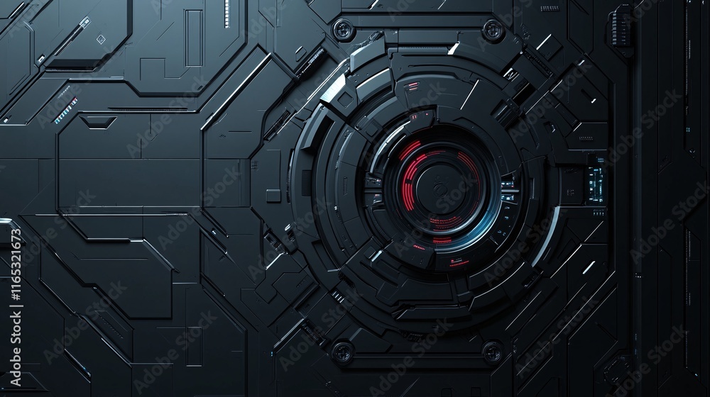 Poster futuristic metallic panel with glowing circular core emitting light