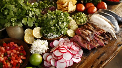 A Rustic Wooden Board Displays An Array Of Mexican Food Ingredients