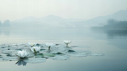 "A close-up of water lilies floating on the lake, with soft ripples and a hazy mountain range in the background. © Anisa