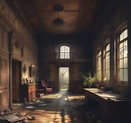 Illustration of abandoned house interior.