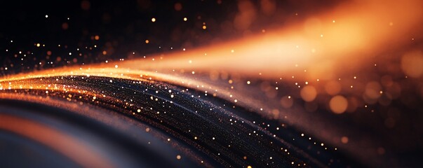 Obraz premium Golden particles flowing over dark wavy surface with orange light beam