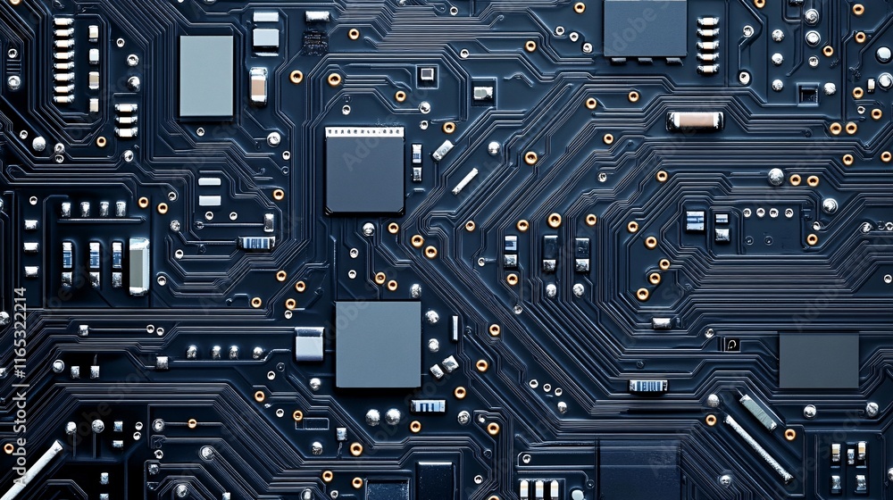 Poster complex electronic circuit board showing microchips and components