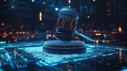 Digital gavel floating above a futuristic legal document, modern justice