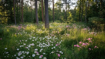 Image of a sunny meadow in Estonia, covered with blooming white and pink daisies