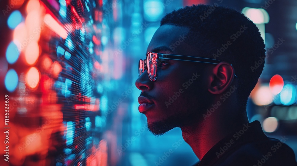 Poster Programmer working with big data in futuristic server room with colorful neon lights