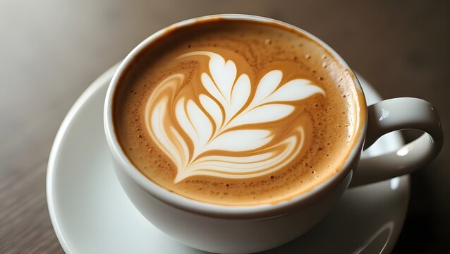 Frothy cappuccino in a ceramic mug with latte art on top