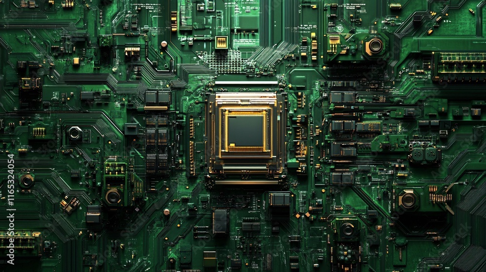 Poster Close-up of modern green circuit board showing cpu and electronic components