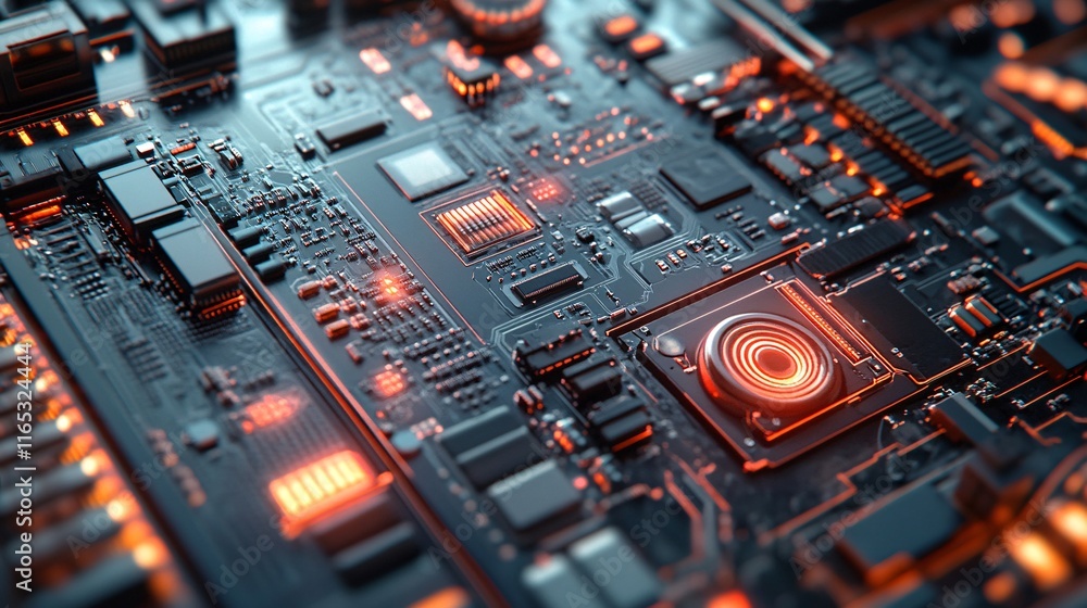 Poster Futuristic circuit board pulsating with orange light and data flow