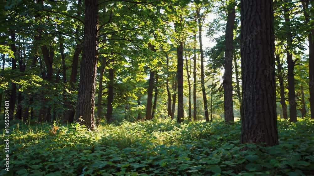 Poster sunlight filters through trees in a lush green forest during the early morning hours