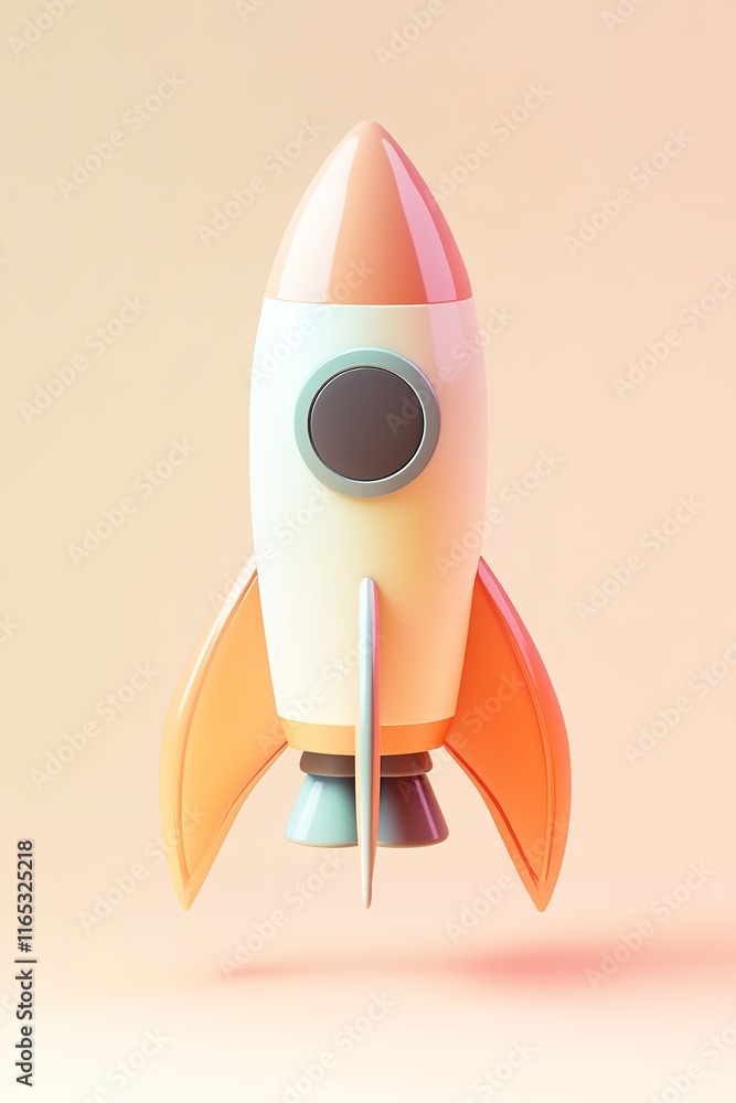 Poster 3d-rendered minimalist rocket icon in soft pastel tones with subtle gradients and ample negative spa