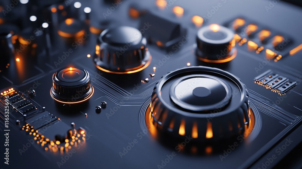 Poster futuristic circuit board with glowing knobs and components