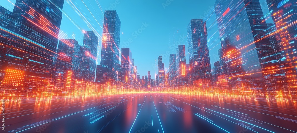 Aufkleber virtual digital highway technology with city building. cyberspace metaverse world. generative ai tec
