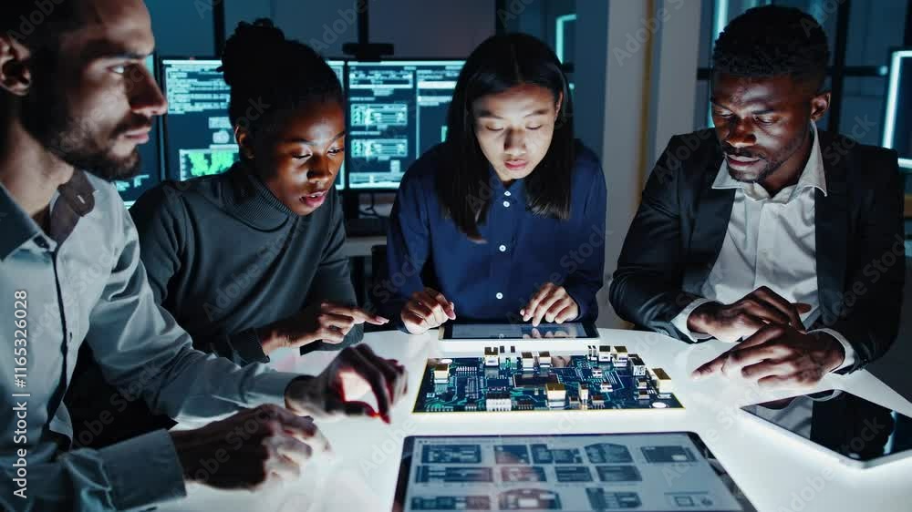 Poster team collaborates on technology project at modern workspace with interactive display