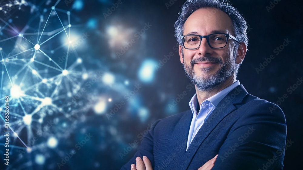 Poster smiling businessman standing with arms crossed against network background