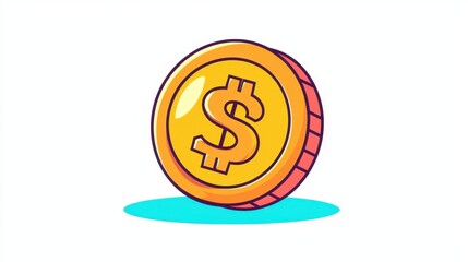Bright and Colorful Cartoon Coin Featuring Dollar Sign on White Background, Ideal for Financial Themes, Investments, and Currency Illustrations