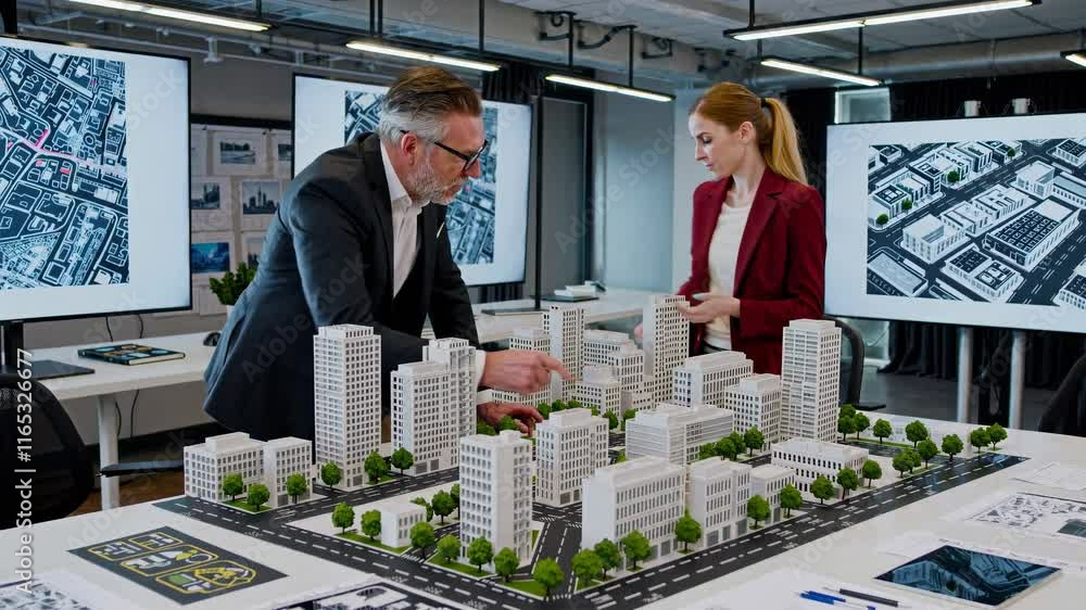 Aufkleber professionals collaborate on urban design project using architectural model in modern office space