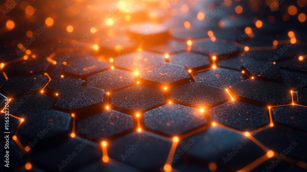 Poster abstract hexagonal pattern with glowing orange lights on a dark surface, creating a futuristic and d