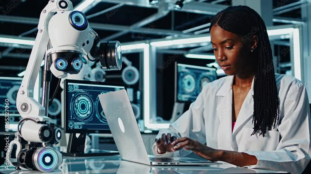 Fototapete innovative engineer collaborates with robot in high-tech lab to advance artificial intelligence rese