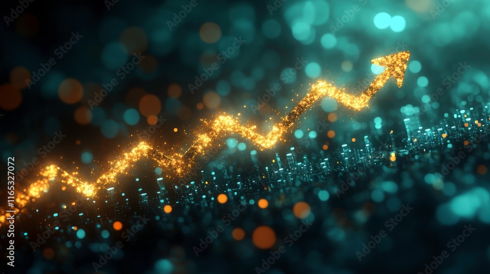 Poster abstract representation of data growth with a shimmering glowing chart arrow and vibrant background 