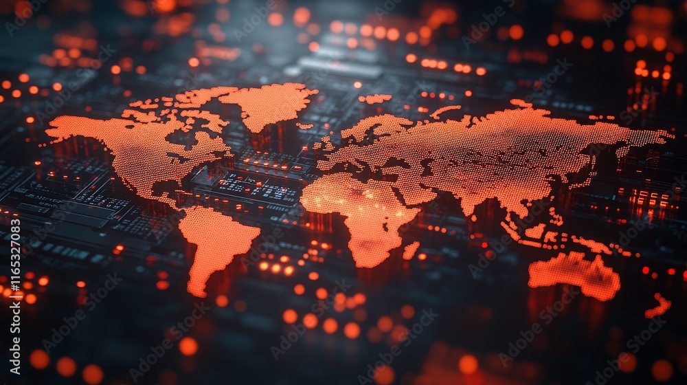 Poster abstract representation of a digital world map with glowing orange connections and circuit patterns,