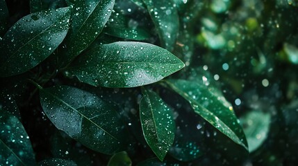 Fototapeta premium Rain is gently falling on vibrant green leaves in the forest