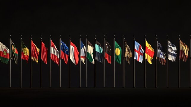 World flags waving on flagpoles against black background