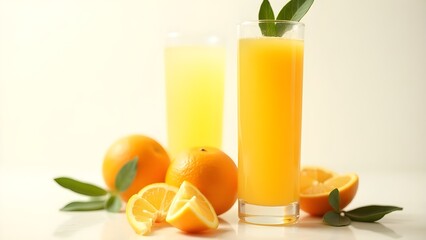 Fototapeta premium A tall glass of cold orange juice with fresh oranges and leaves on the side