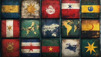 Vintage flags and world maps forming a decorative wall