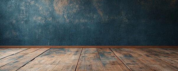Empty room with grunge blue wall and wooden floor displaying products