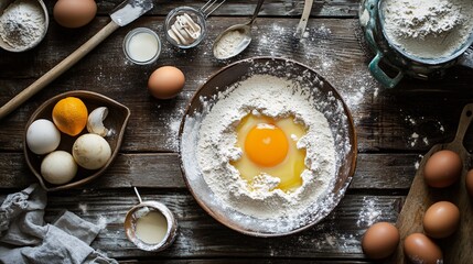 Baker breaking egg into flour, making dough for baking on rustic wooden table