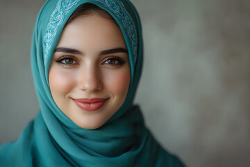 Elegant Portrait of a Woman in Teal Hijab with Delicate Embroidery, Neutral Grey Backdrop.