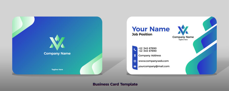 Blue cyan background with white grey gradient border shape business card template
