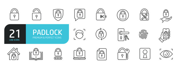 Set of line icons related to padlock, security, lock, key, protection. Outline icons collection. Editable stroke. Vector illustration.