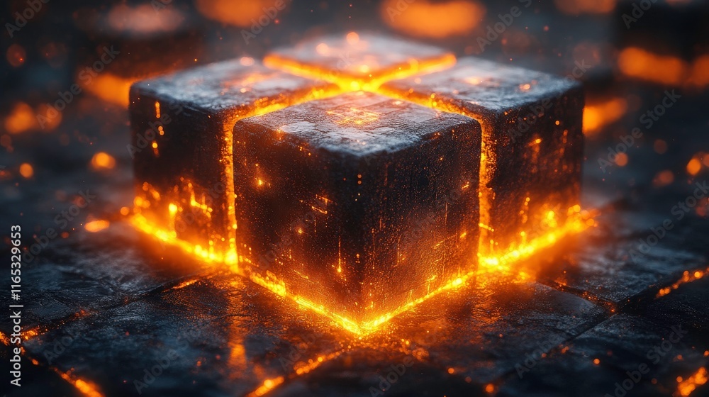 Poster glowing lava cube surrounded by dark rocks in a mystical setting with dramatic light effects creatin