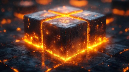 Glowing Lava Cube Surrounded by Dark Rocks in a Mystical Setting with Dramatic Light Effects Creating a Captivating and Fiery Atmosphere