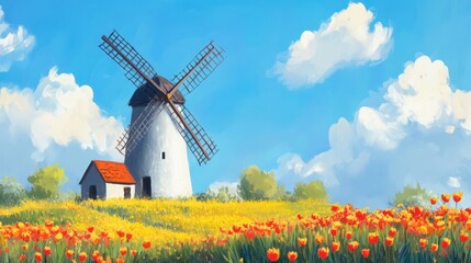 Vibrant Windmill in a Colorful Flower Field