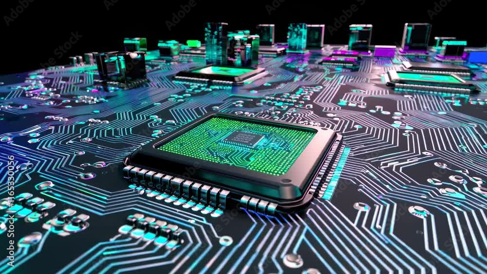 Poster exploring intricate circuitry on a futuristic circuit board under vibrant lighting at a tech exhibit
