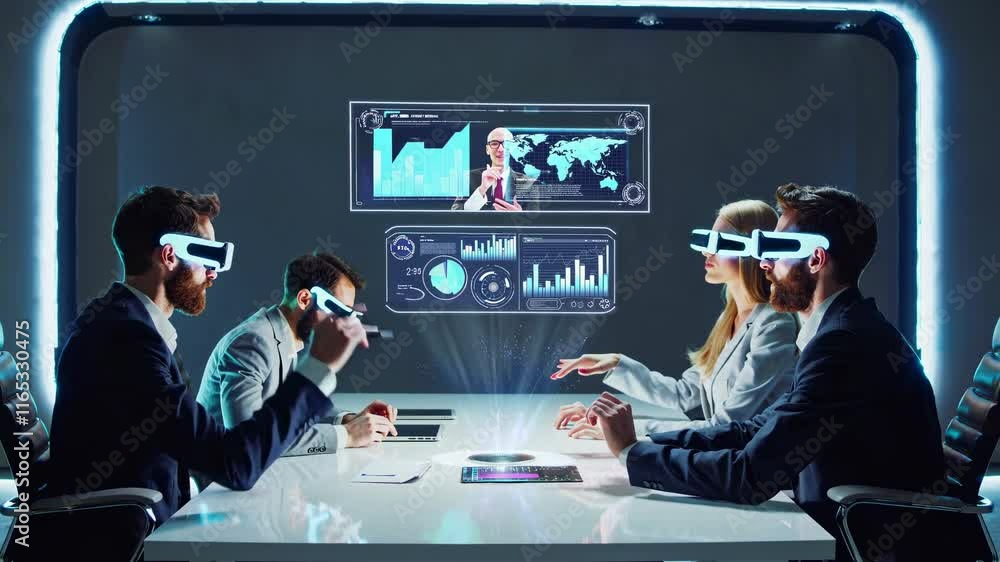 Poster technology experts collaborate using virtual reality in a modern workspace