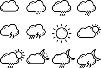 Weather icons set.  Weather forecast icon set. , clouds, sunny day, moon, wind, sun day. Vector illustration.