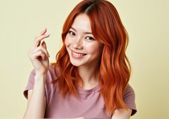 Fototapeta premium Happy young woman in a stylish t-shirt, wavy red hair cascading over her shoulders, pastel background, joyful expression