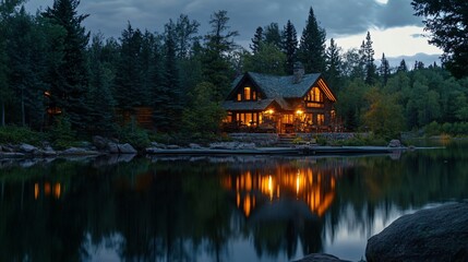 Obraz premium Lakeside log cabin at twilight, reflecting in calm water.