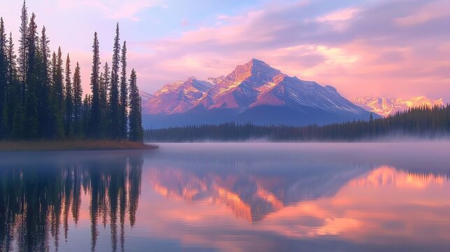 Serene Sunset Lake with Mountain Reflection Peaceful Nature Landscape - Powered by Adobe