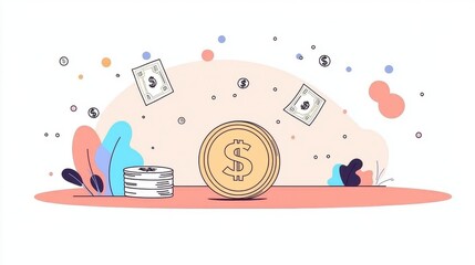 Fototapeta premium Colorful and Playful Illustration Featuring Money, Dollar Bills, Coins, and Vibrant Shapes Representing Wealth, Finance, and Prosperity in a Dynamic Scene