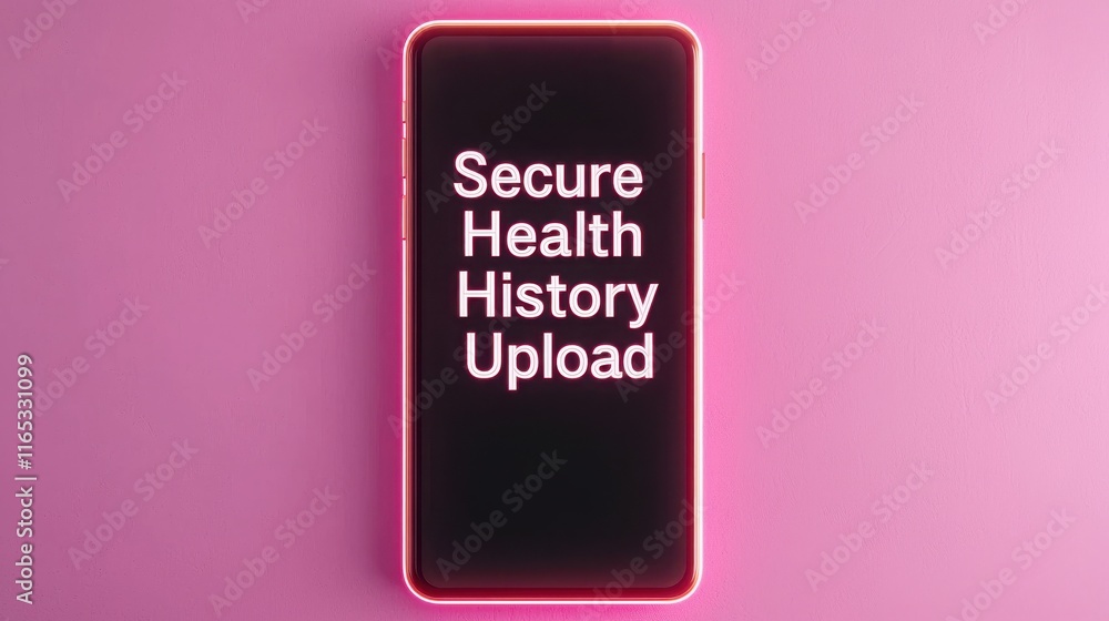 Poster health info the security of patient. secure phone displaying health history upload message on pink b