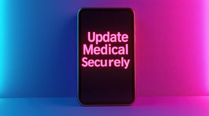 Health info the security of patient. Update medical information on a smartphone with vibrant lighting.