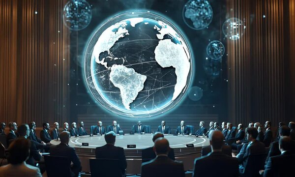 A futuristic conference featuring a glowing holographic Earth at the center of a roundtable discussion, symbolizing global collaboration and innovation. - Powered by Adobe