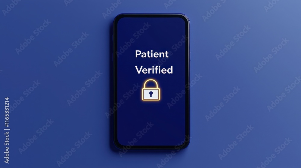 Aufkleber health info the security of patient. secure mobile screen displaying patient verification status.